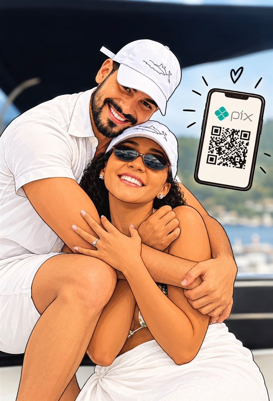 Roni e Carine com o QR Code do Pix